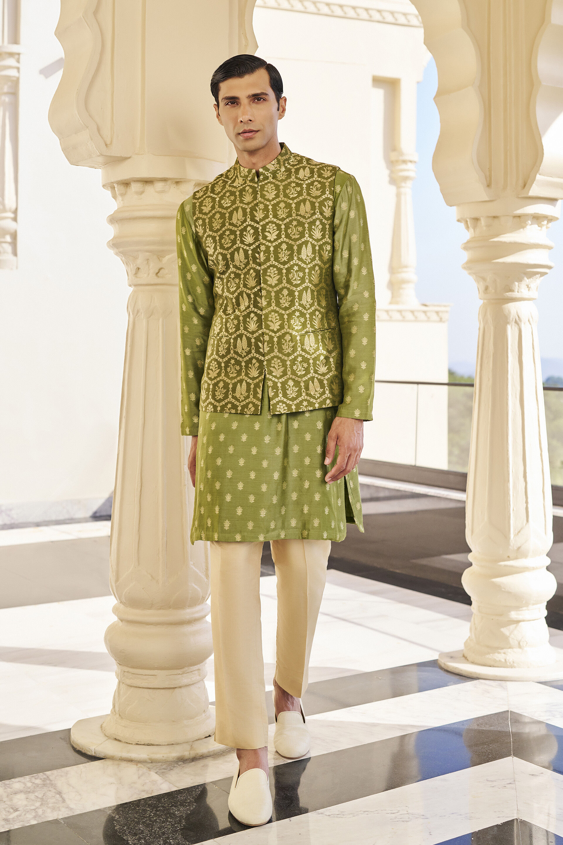 Ahan Olive Green Benarasi Nehru Jacket